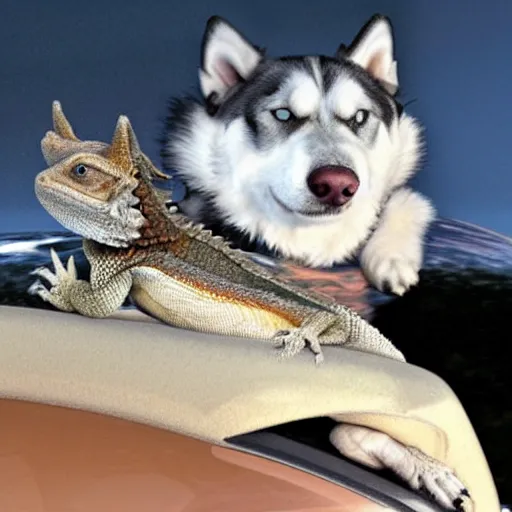 Image similar to bearded dragon riding the back of a siberian husky, photorealistic