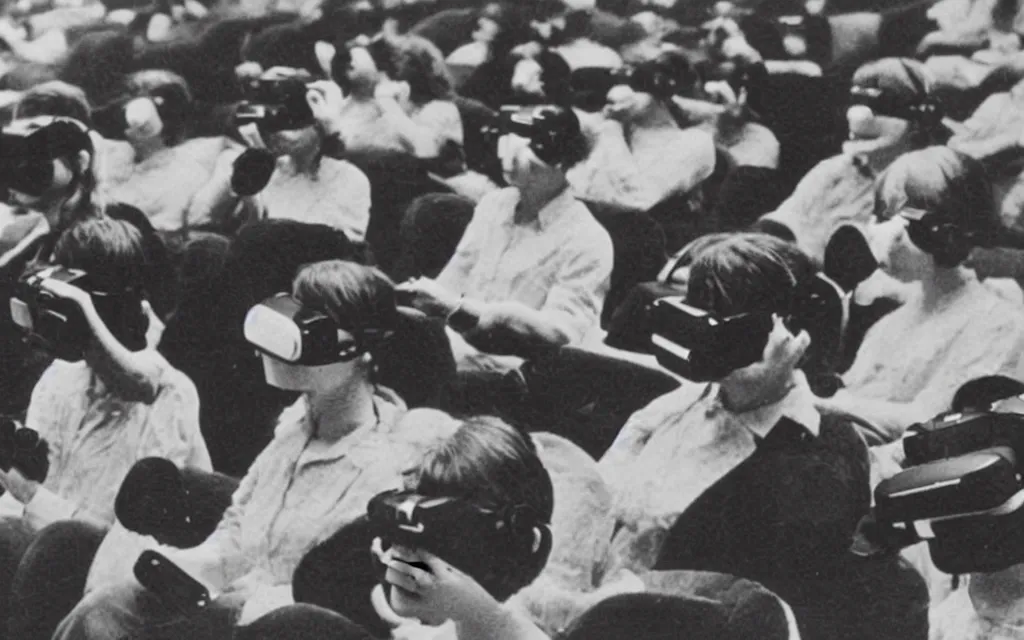 Image similar to 1 9 0 0 s photo of people using iphones ipods virtual reality headsets vr in a movie theater double exposure masterpiece