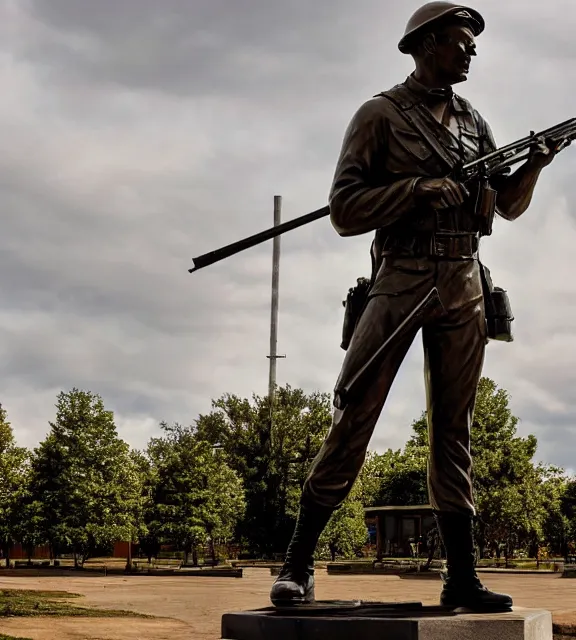 Image similar to a 4 k photorealistic photo wide shot of a bronze statue of an american soldier holding a rifle
