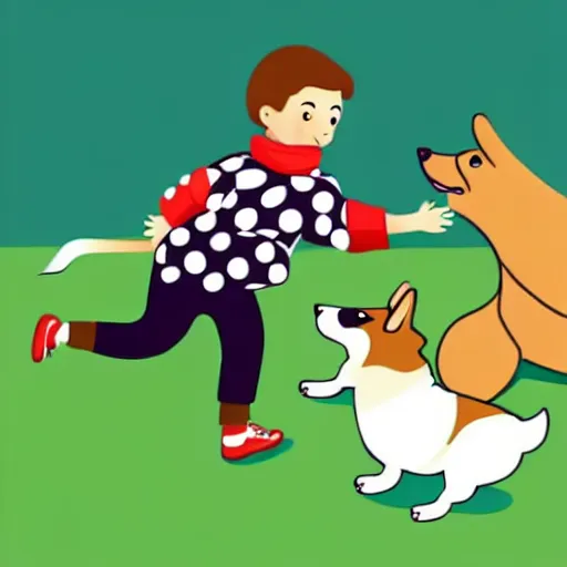 Image similar to illustration of french boy in paris playing football against a corgi, the dog is wearing a polka dot scarf