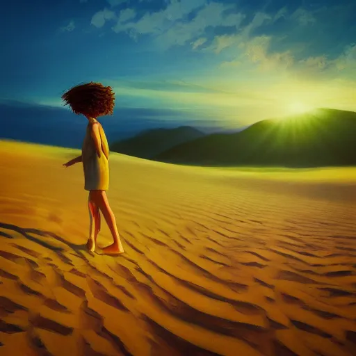 Prompt: closeup large dahlia flower under head, a girl walking between dunes, surreal photography, sunrise, blue sky, dramatic light, impressionist painting, digital painting, artstation, simon stalenhag