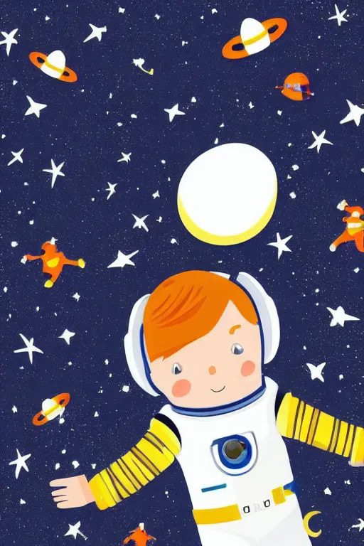 Image similar to a little boy with ginger hair floating in space. he is an astronaut wearing a space suit. clean elegant simple illustration, beautiful detailed face.