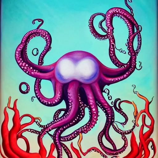 Prompt: Cthlulu marries the Kraken, eldritch, lovecraftian, tentacles, deep sea horror, in the style of first look, photography, airbrush, kawaii, oil painting,
