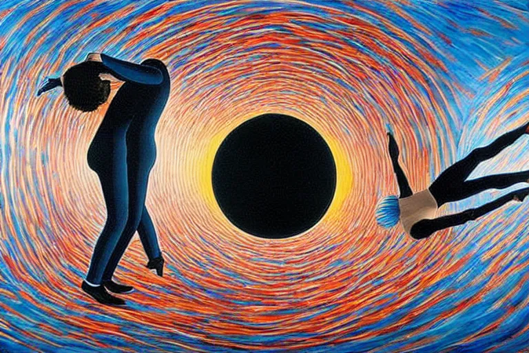 Image similar to optical illusion painting of a couple dancing in a black hole, illusionism, look twice, mind blow, by leandro erlich and salvador dali, detailed