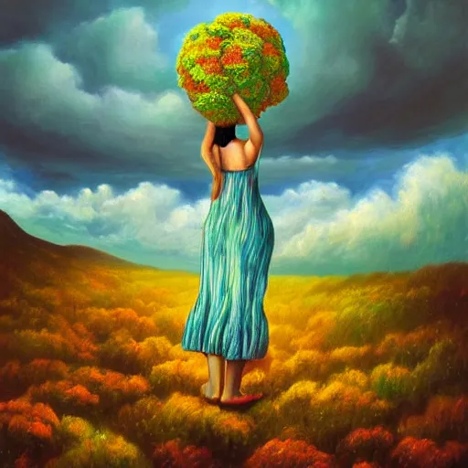 Image similar to giant flower head, frontal, woman standing on mountain, surreal photography, stormy sky, colorful clouds, impressionist painting, digital painting, artstation, rob gonsalves