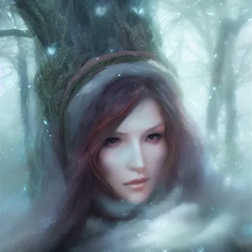 Image similar to Close up of a gorgeous druid woman in a snowy forest landscape, fantasy, Ross Tran, Charlie Bowater, Greg Rutkowski, volumetric lighting