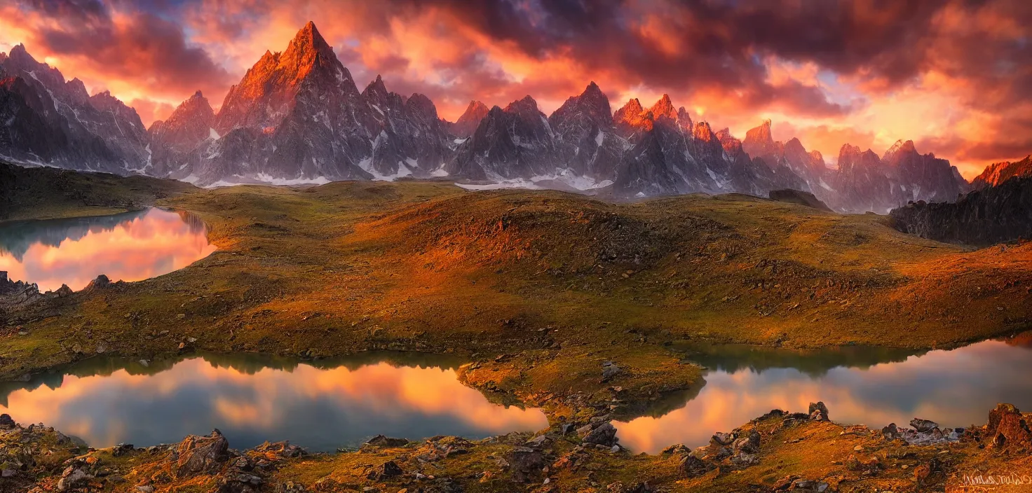 Image similar to amazing landscape photo of mountains with lake in sunset by marc adamus, beautiful dramatic lighting