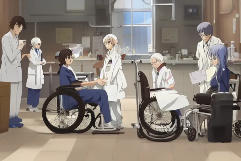 Image similar to a cute young female doctor wearing white coat are serving an old man in a wheelchair in a hospital ward, slice of life anime, cinematic, anime scenery by Makoto shinkai