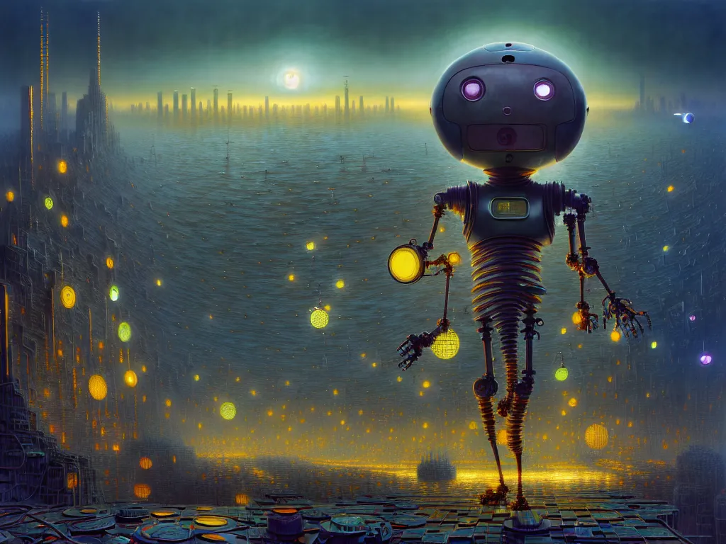 Prompt: hyper detailed 3d render of a very detailed charismatic android happy robot gentil ,dystopia city , siniter mechanical city by Gediminas Pranckevicius,Mark Brooks, Rembrandt,james gurney,dan luvisi,Petros Afshar, tim hildebrandt, liam wong, thomas kinkade,ernst haeckel,trending on artstation