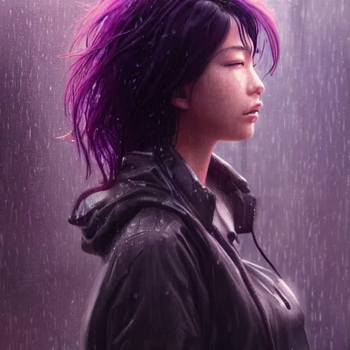 Prompt: very detailed masterpiece painting of a very beautiful wet asian young cyberpunk woman with dark purple hair, cyberpunk background, raining, closeup, portrait, artstation, concept art by greg rutkowski