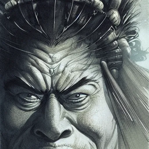 Image similar to head and shoulders portrait of a samurai fire giant, wreathed in flame, d & d, fantasy, greg rutkowski, frank frazetta, alexandre chaudret, boris vallejo, michael whelan, miro petrov, hr giger, magali villeneuve, donato giancola