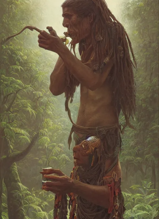 Image similar to a beautiful painting of a shaman in the jungle sniffing tobacco snuff, art by christophe vacher