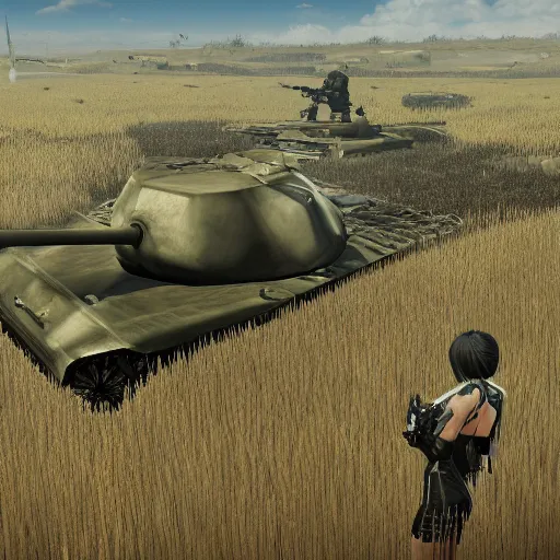 Image similar to a high resolution very detailed image of a 2 in russian tank boss fight from nier : automata in yellow rye field under pure blue skies