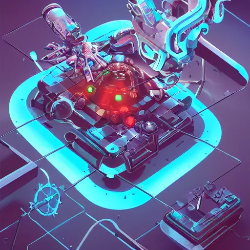 Image similar to isometric scientifically accurate microscopic robotic virus attacking organic biological cell by tyler edlin and petros afshar and christopher balaskas and marius borgeaud and kilian eng, atomic age maximalist, art nouveau, global illumination, 3 d concept render, well proportioned, highly detailed