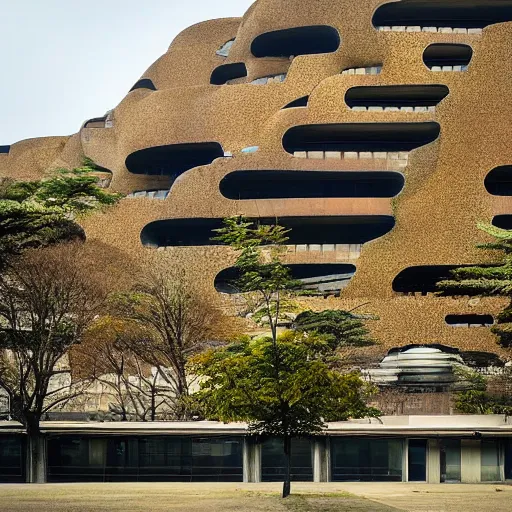 Image similar to a building in a stunning landscape by kenzo tange