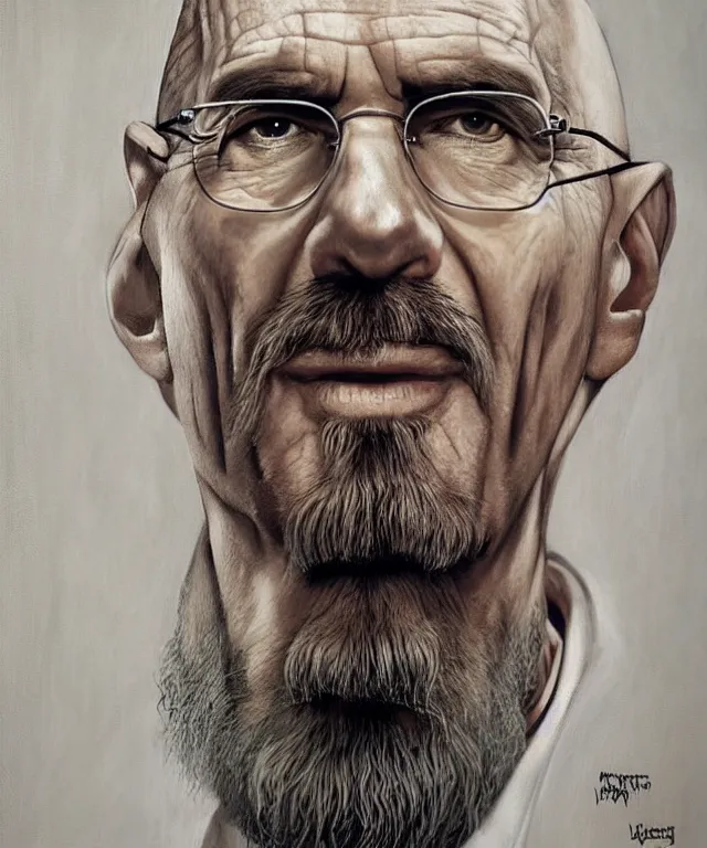 Prompt: portrait of Saruman Christopher Lee as Walter White in Breaking Bad, lowbrow painting by Mark Ryden