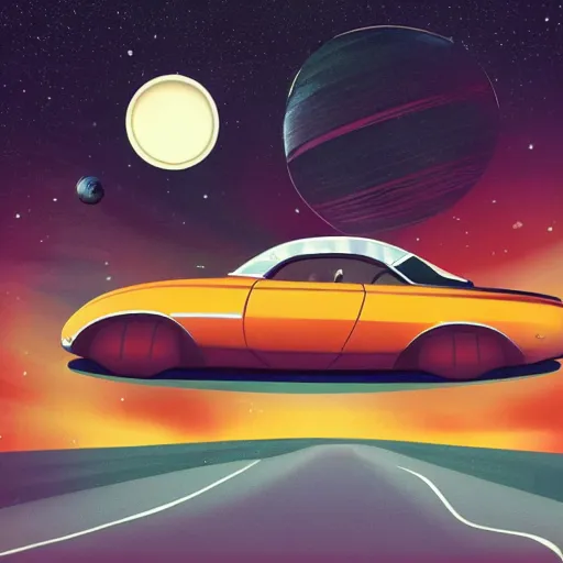 Image similar to 1960s car on a road in space driving towards a planet, trending on art station