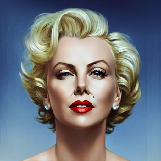 Image similar to portrait charlize theron, marilyn monroe, white cloth in wind shining, 8 k highly detailed, sharp focus, illustration, art by artgerm, mucha, bouguereau