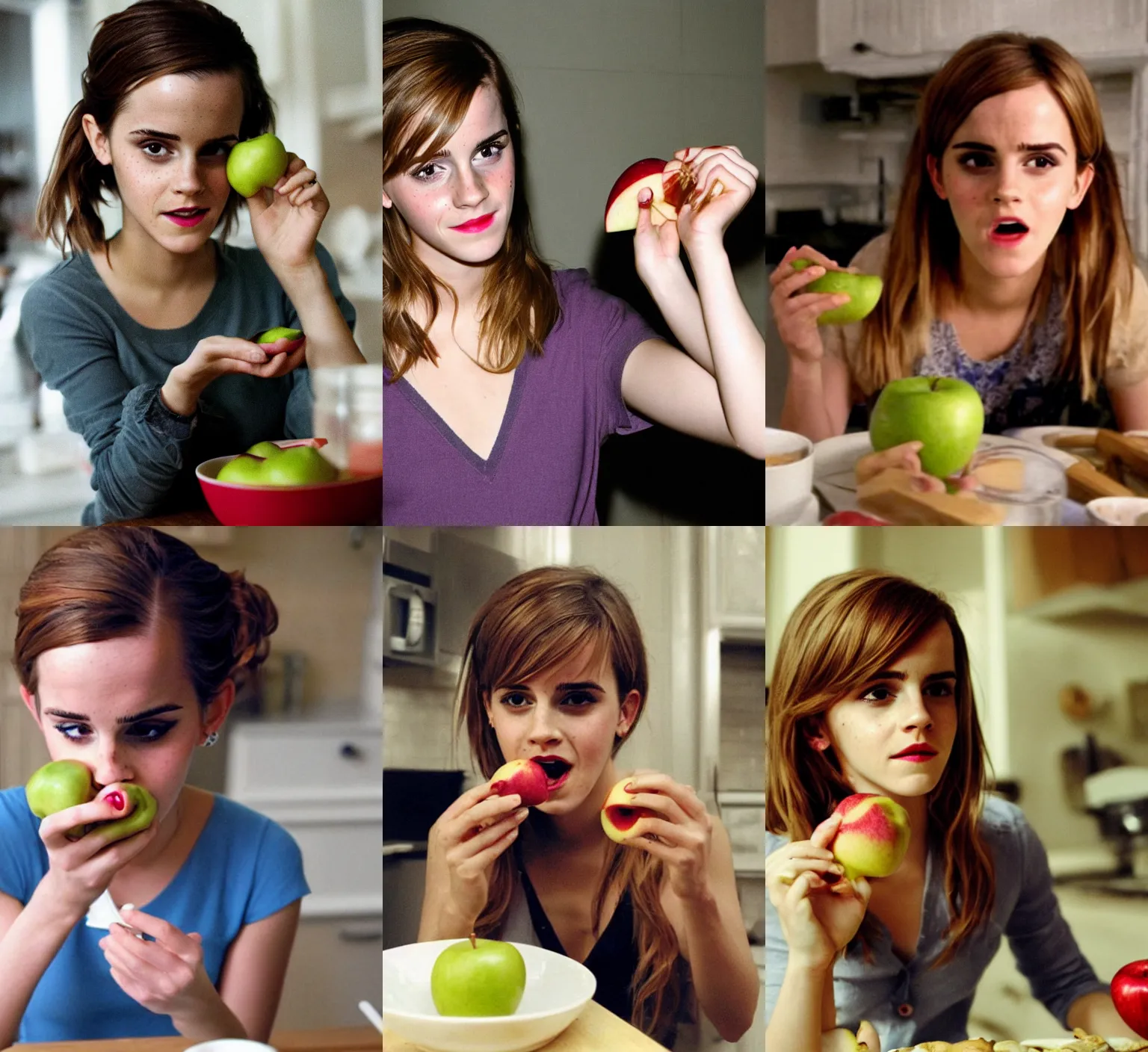 Prompt: a photo of Emma Watson eating an apple in the kitchen, candid photography, photo taken with a 2006 Nokia phone