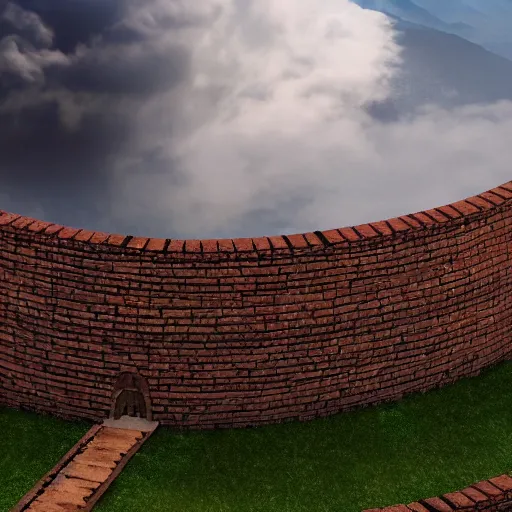Prompt: a big ancient city on top of a mountain, in the midst of the clouds, has a great circular brick wall surrounding it, and the mountain is surrounded by clouds, hyper realistic, 8 k, cinematic, artstation