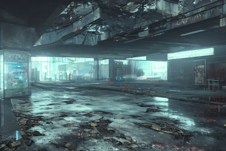 Prompt: hyper realistic fps game screenshot of a abandoned cyberpunk shopping mall, a crew of high tech soldiers are in, cinematic lightning, ray tracing, unreal engine, photorealistic fps game concept art, detailed, dark, moody, foggy