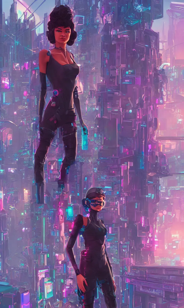 Image similar to zendaya as a cyberpunk hero standing on the rooftop of cybertown, art poster, full body, t - pose, character design, ambient lighting, 4 k, lois van baarle, ilya kuvshinov, rossdraws, alphonse mucha, jung gi kim, dylan kowalsk, artstation