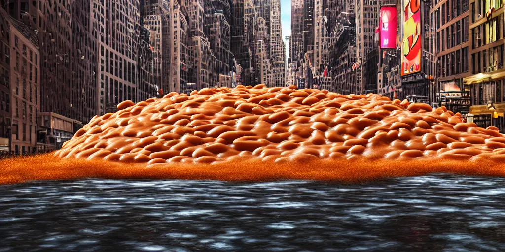 Prompt: a photograph of a sea of baked beans flowing like a river along the center of a new york street, a large panicking crowd are running towards the camera, by Claes Oldenburg, pop art, 3D render, Volumetric dynamic lighting, Highly Detailed, Cinematic Lighting, Unreal Engine, 8k, HD