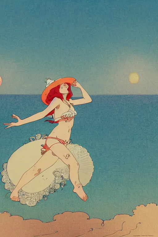 Image similar to A girl in a white lacy bikini and white sun hat and Holding a heart-shaped lifebuoy, jumping for joy,long orange hair floating on air ,Waves and sand and clouds in the background ,Smooth visual lines,,graphic Design by mucha and studio ghibli
