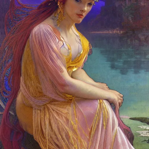 Image similar to portrait of a beautiful alluring female goddess wraith in a glowing lake, detailed, centered, digital painting, artstation, concept art, donato giancola, Dante Gabriel Rossetti, alphonse mucha, Joseph Christian Leyendecker, WLOP, Boris Vallejo, Breathtaking, 8k resolution, extremely detailed, beautiful, establishing shot, artistic, hyperrealistic, beautiful face, octane render