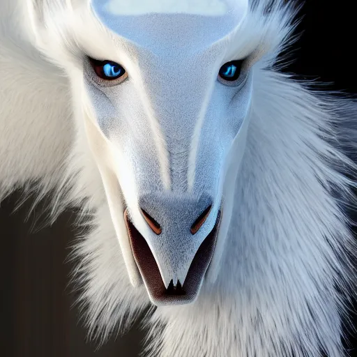 Image similar to white furry dragon with a blue neck mane, 2 grey horns from a 3/4ths angle