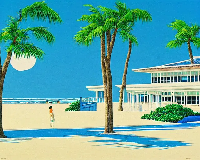 Prompt: seaside mansion on the beach, summer, painting by hiroshi nagai
