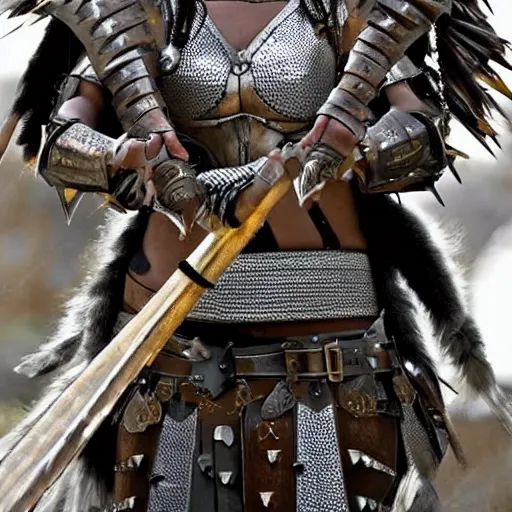 Image similar to female warrior with spiky armour holding a mace,