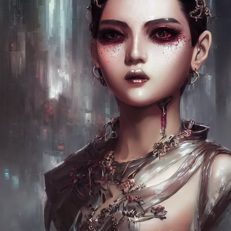 Prompt: oriental fantasy fashion girl portrait, flirtatious eyes, grin, cyberpunk, glossy eyes, face, short hair, fantasy, intricate, androgynous, highly detailed, digital painting, artstation, concept art, smooth, sharp focus, illustration