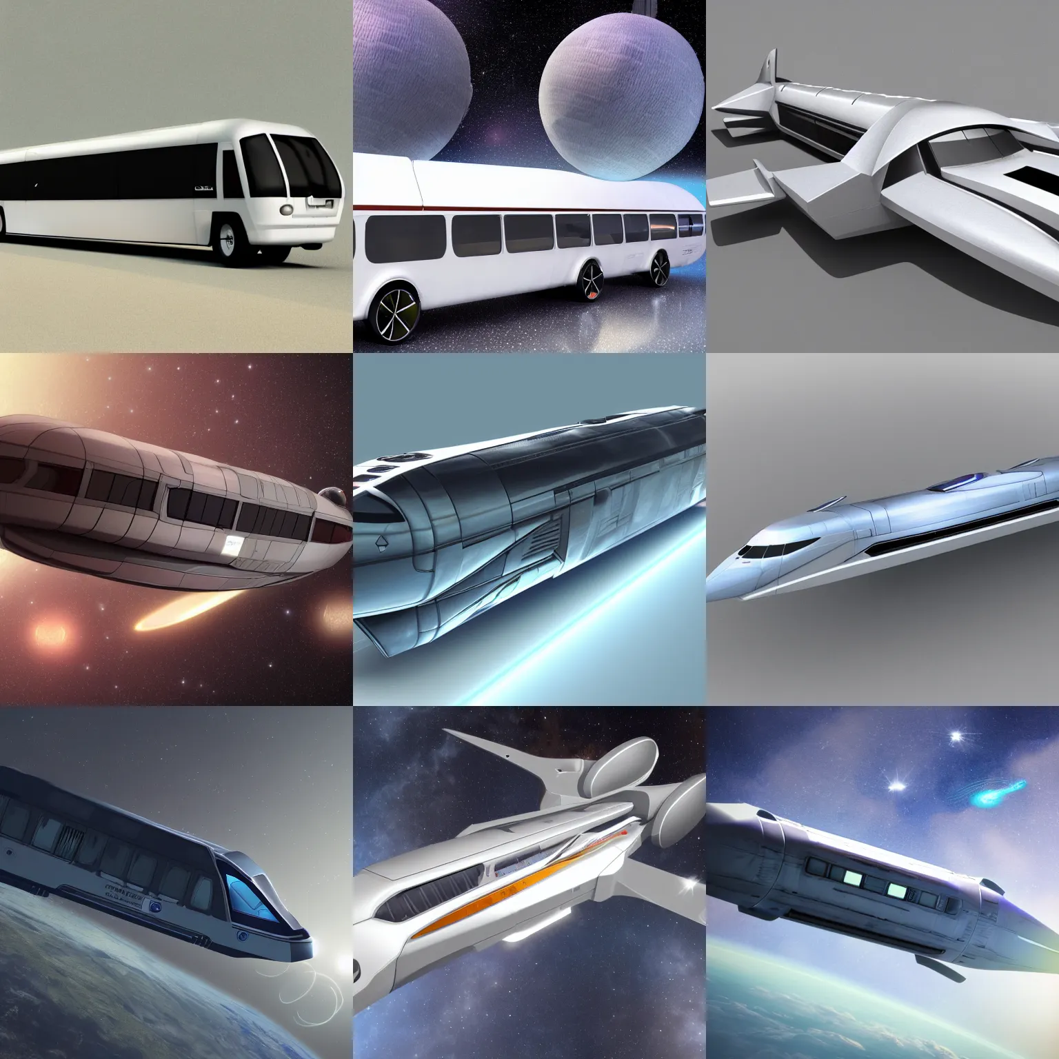 Prompt: concept design art of a spaceship made from a passanger bus, highly detailed render, photorealistic, it is flying through space