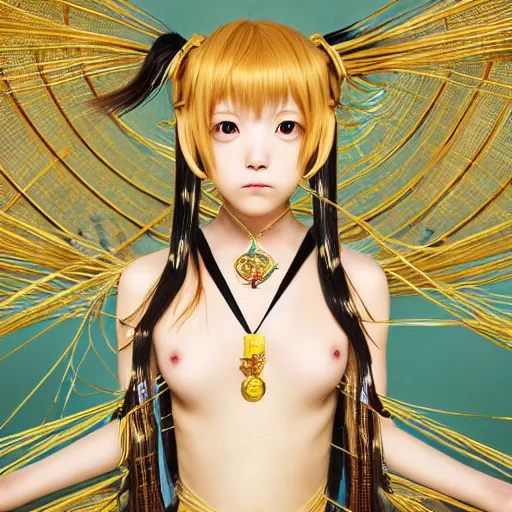 Image similar to Harsune Miku anime female goddess stands for a waist up portrait with her body sightly wrapped in thin gold wire creatively arranged so as to look like Emoji tattoos, in an empty japanese tatami home, hyper photo realistic 8K HD HDRI, photo by Annie Leibovitz.