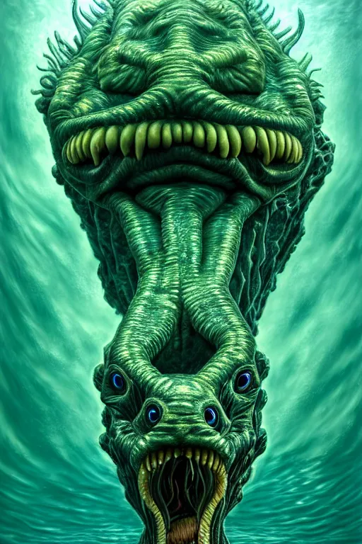 Prompt: hyperrealistic close-up surrealism underwater chimera monster!!! highly detailed concept art eric zener elson peter cinematic hard green lighting high angle hd 8k sharp shallow depth of field, inspired by David Paul Cronenberg and Zdzisław Beksiński