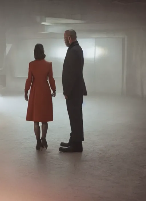 Image similar to a pov shot, color cinema film still of walter white & kate middleton in blade runner 2 0 4 9, cinematic lighting at night.