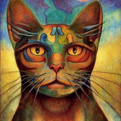 Image similar to masterpiece painting of a mechanical cloisonne cat head sculpture, by annie swynnerton and and diego rivera and nicholas roerich and jean delville, spacecat, symbolist, dramatic lighting, god rays, art brut, rich colors, smooth, sharp focus, extremely detailed, adolf wolfli and ( donato giancola and bilibin )