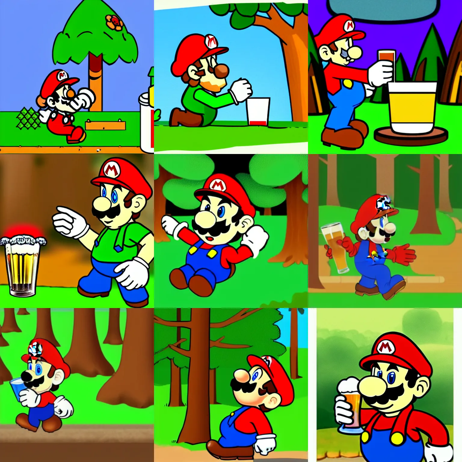 Prompt: drunk mario drinks beer in forest, cartoon