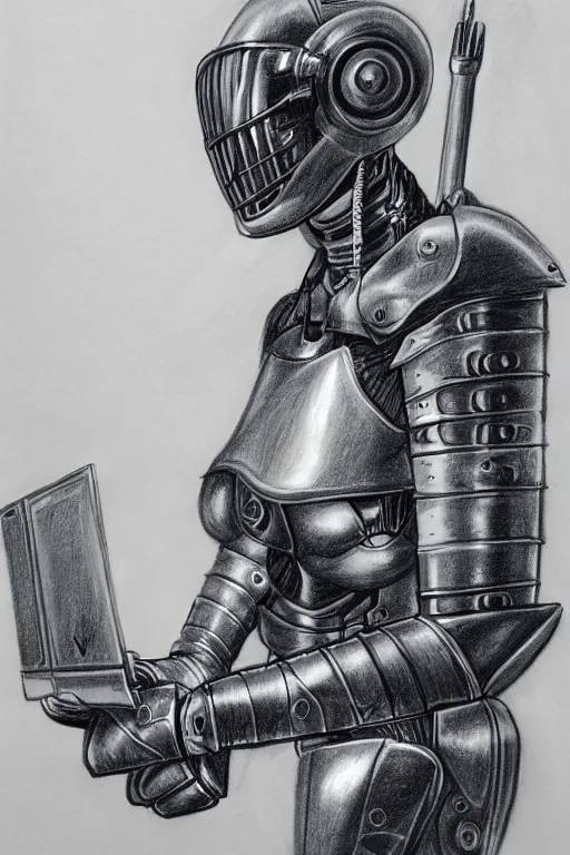 Image similar to pencil drawing, fantasy futurism, medieval female knight with cybernetic implants and modern devices