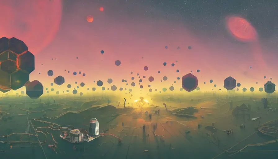 Prompt: hexagons traveling to the sun, in space, planet earth in foreground, simon stalenhag