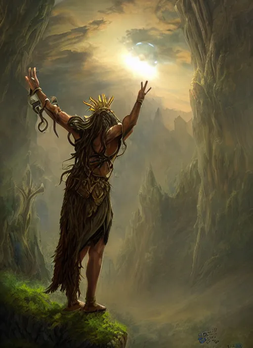 Image similar to druid from dungeon and dragons starring at the sky, with arms up, praying at the sun, matte painting, fantasy art