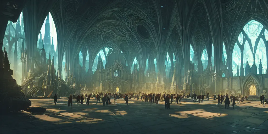 Image similar to cel shaded cinematic shot of the interior of a sci-fi space station with ornate Elven architecture bustling with people and flying cars, epic castle, gothic architecture, emerald, crystalline, detailed illustration, sharp focus, concept art, unreal engine, octane render, god rays