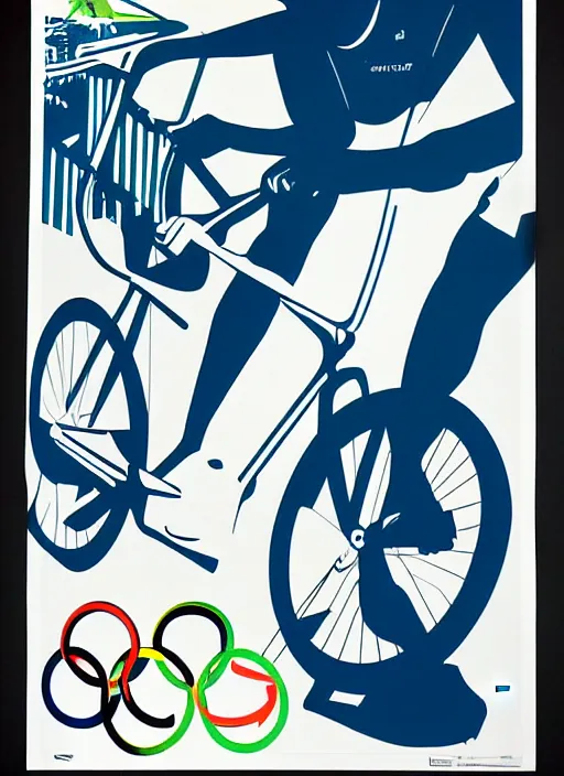 Prompt: cycling poster for 1 9 6 8 olympic games by otl aicher. screen printed. silver, blue, green, black. on white paper.