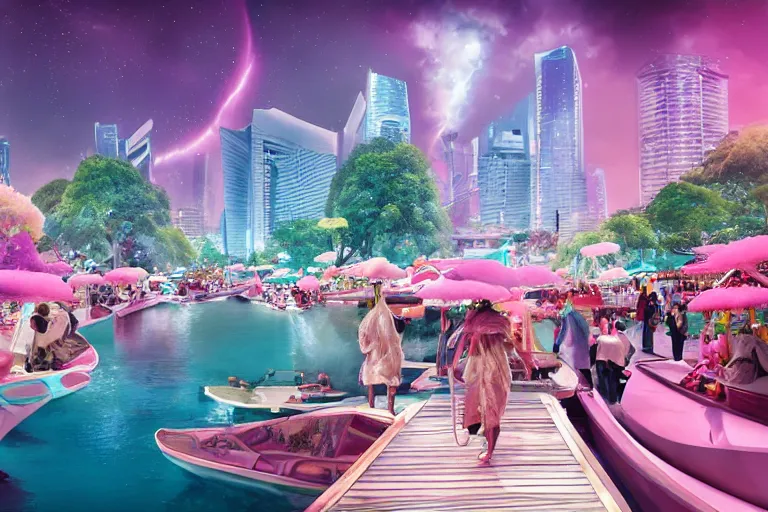 Prompt: futuristic floating markets of singapore river along boat quay turquoise and pink river during sakura tree season on thermal waters flowing down white travertine terraces during interstellar aurora borealis, gold waterfalls, vendors, festivals, fun, by peter mohrbacher, james jean, james gilleard, greg rutkowski, vincent di fate, rule of thirds, octane render, beautiful landscape