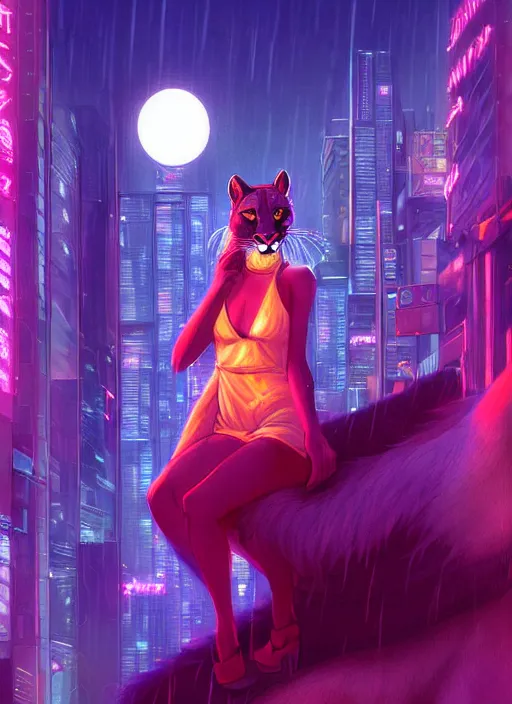 Prompt: beautiful portrait commission of a female furry anthro mountain lion wearing a dress. Cyberpunk city at night in the rain. Neon light. Atmospheric. Character design by charlie bowater, ross tran, artgerm, and makoto shinkai, detailed, inked, western comic book art