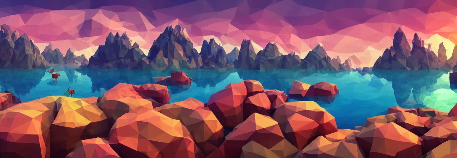 Image similar to super detailed color lowpoly art, northern sunset with rocks on front, lake in the middle of perspective and mountains at background, graphic reindeers in random points, unreal engine, retrowave color palette, 3d render, lowpoly, colorful, digital art