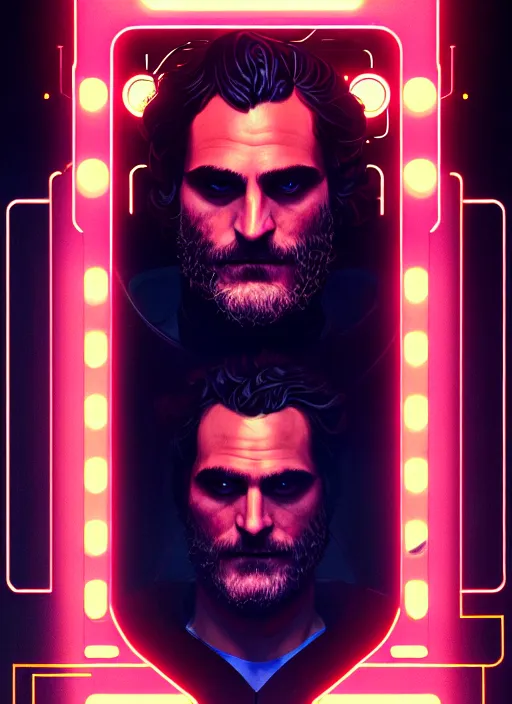 Image similar to symmetry!! portrait of joaquin phoenix, sci - fi -, cyberpunk, blade runner, glowing lights, biotech, techwear!! intricate, elegant, highly detailed, digital painting, artstation, concept art, smooth, sharp focus, illustration, art by artgerm and greg rutkowski and alphonse mucha