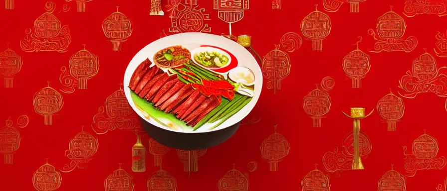 Image similar to a beautiful 4 k hd red wall paper illustration of roasted string hotpot, red wallpaper design, simple style, gourmet style, commercial kebab hotpot wallpaper display, wall painting, from china, with merchant logo, simple structure, surrealistic, chinese style, victo ngai, james jean, denoise, deblurring