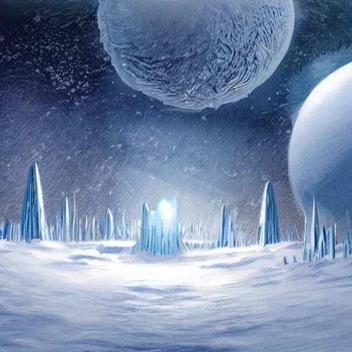 Prompt: concept art of a snow covered planet, snowstorm, ice, ice spikes, planet, space, concept art